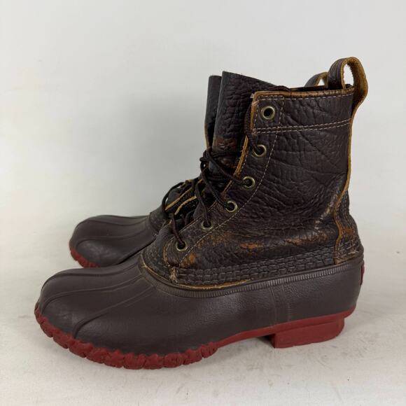 L.L.Bean Bison Duck Booties Women's 7 Dark Brown Leather Pull-On Lace-Up Boots - Picture 5 of 10